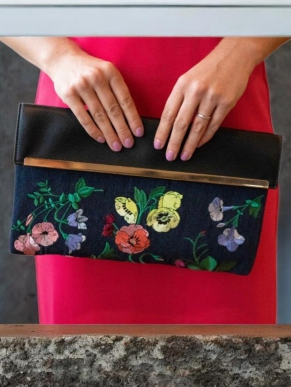 Ann Taylor Black Floral Embroidered Clutch with Gold Trim